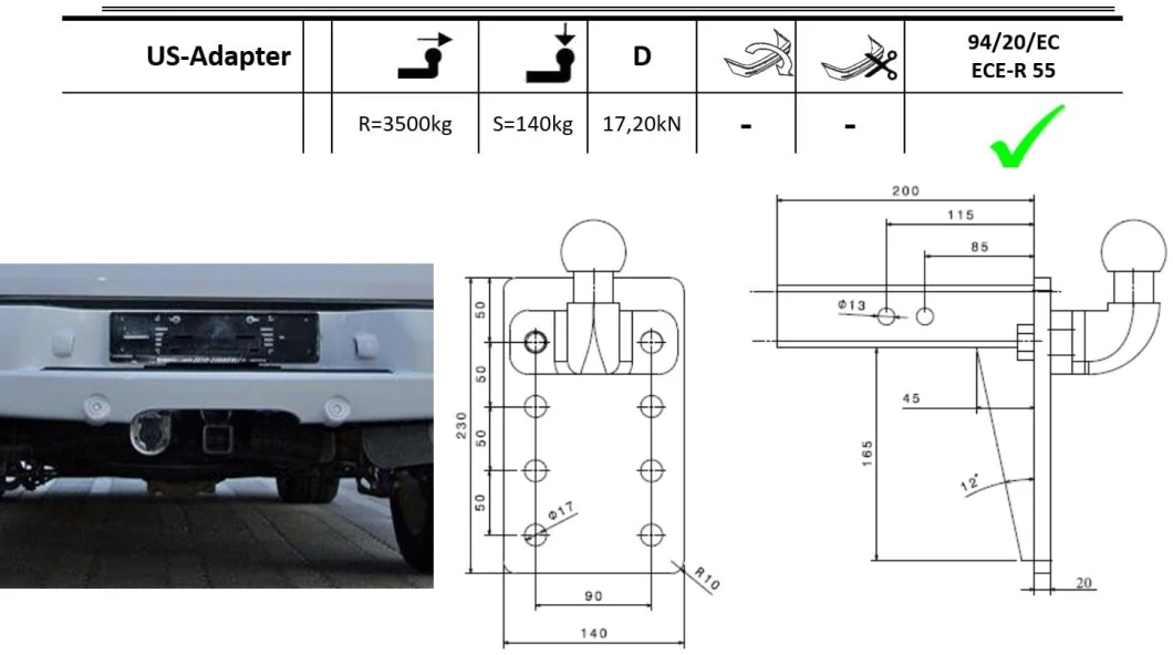 High Quality Trailer Hitch Ball Tow Hook Towball Angled 1.5t E-Approved